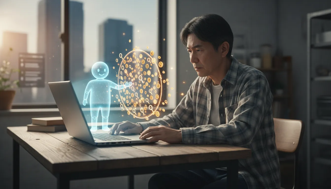 地域密着の建築会社の社長がノートパソコンから現れるAIホログラムに導かれ、金色の小さな“宝”のようなキーワードトークンを発見する様子。背景に大手ポータルの巨大な影。