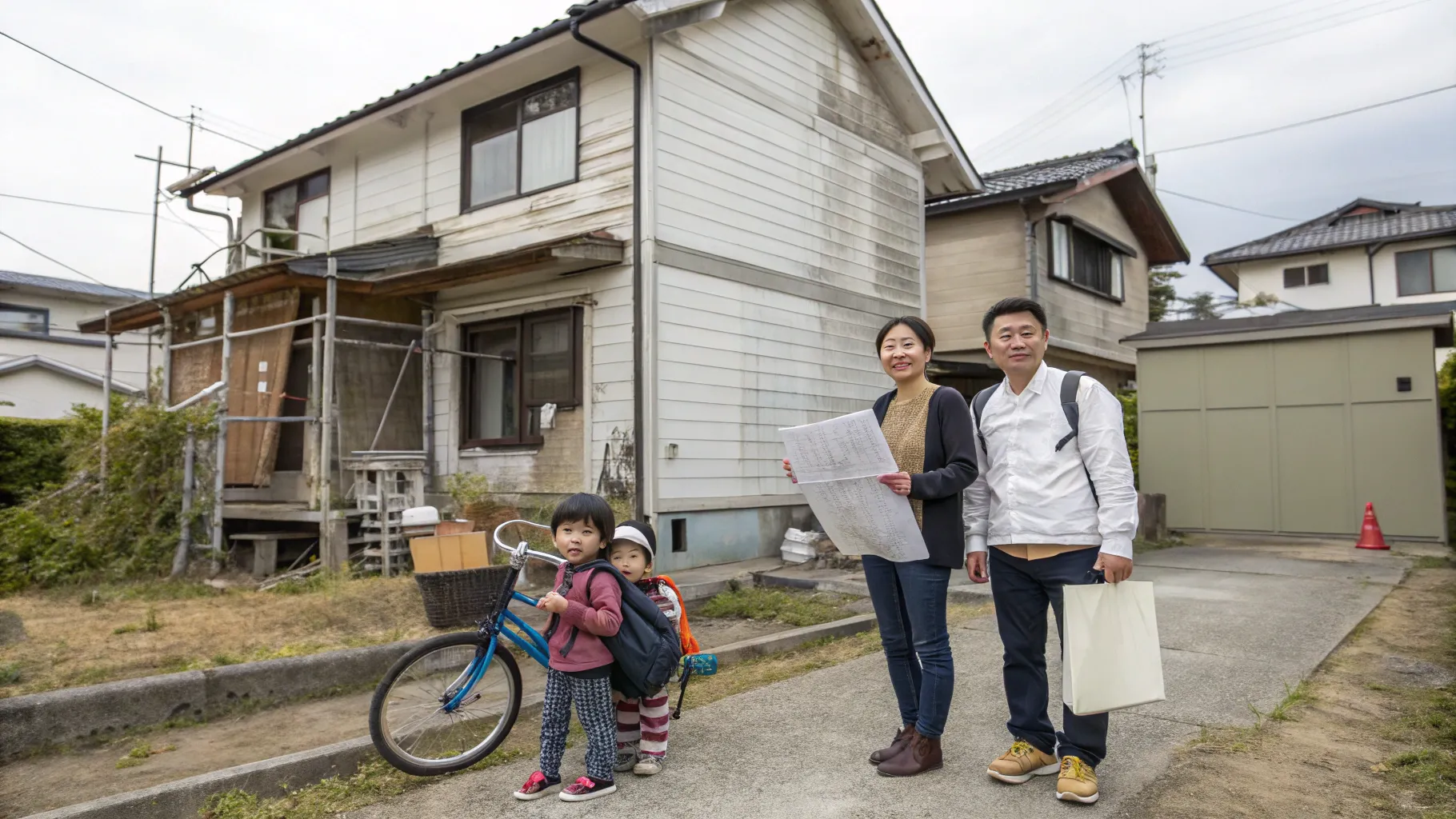 増改築中の中古住宅の前で設計図を手に家族が並ぶ、10年の安心を想うパパと家族の温かな風景