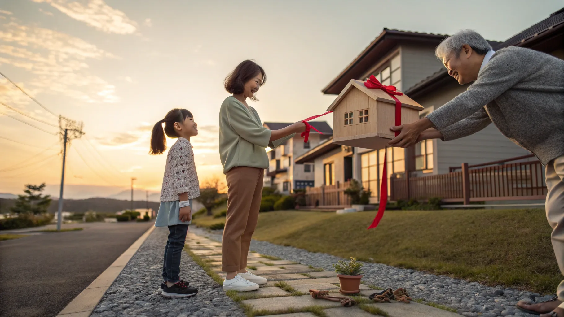 贈与型賃貸のイメージ：リボンのついた家の模型を受け取る家族と鍵、賃貸から所有へ向かう道を象徴する温かな夕暮れの場面（35年住宅ローンの代替案を表現）