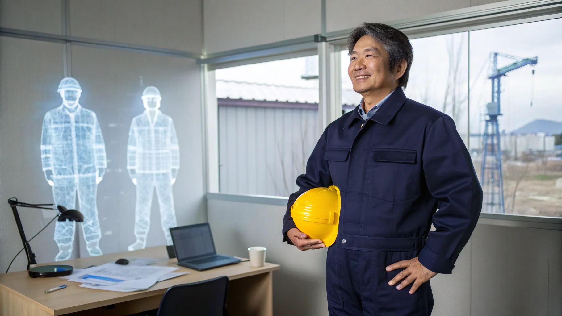中小建築社長がオフィスで硬帽を持ち立ち、背後に戦略を示すホログラムAIと実行を担う音声／スマホ型ホログラムAIが並ぶ。机上に図面と家の模型、窓の外に工事現場が見える写真風高精細イメージ（文字なし）