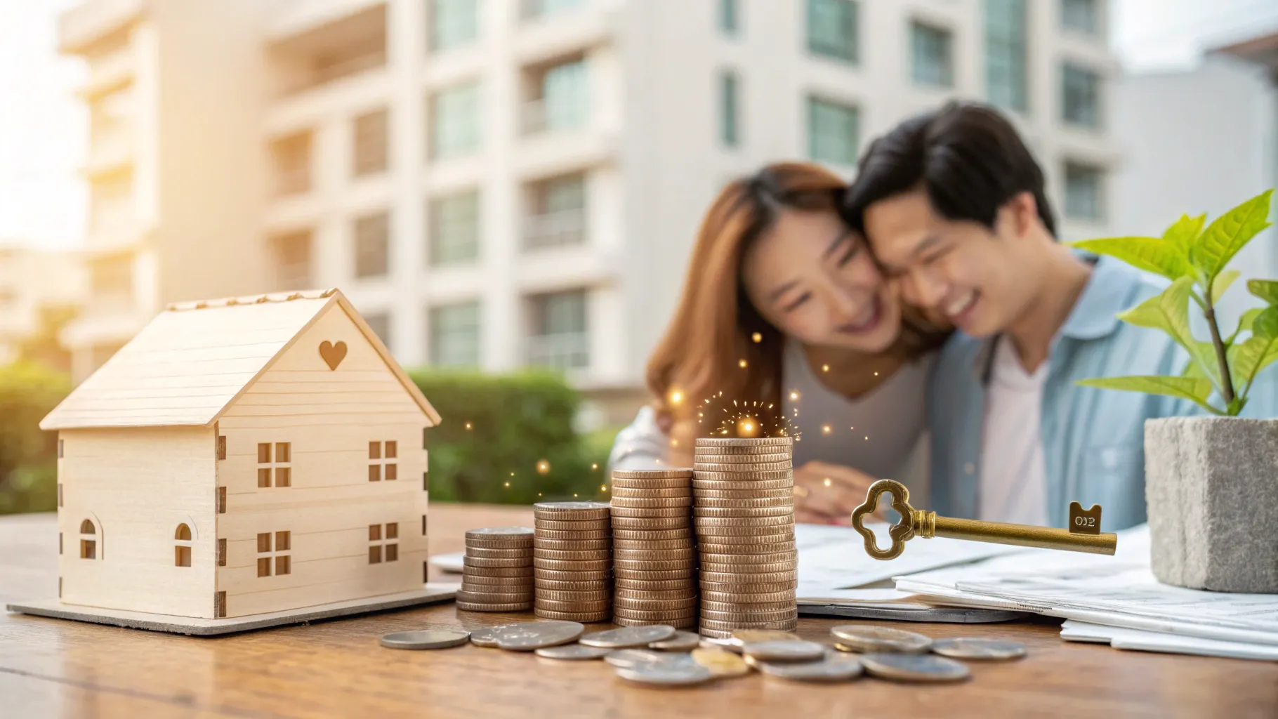 贈与型賃貸のイメージ：硬貨や領収書が小さな家の模型と鍵に変わり、若い夫婦がそれを見つめることで家賃が将来の資産に変わる様子を表現したイラスト