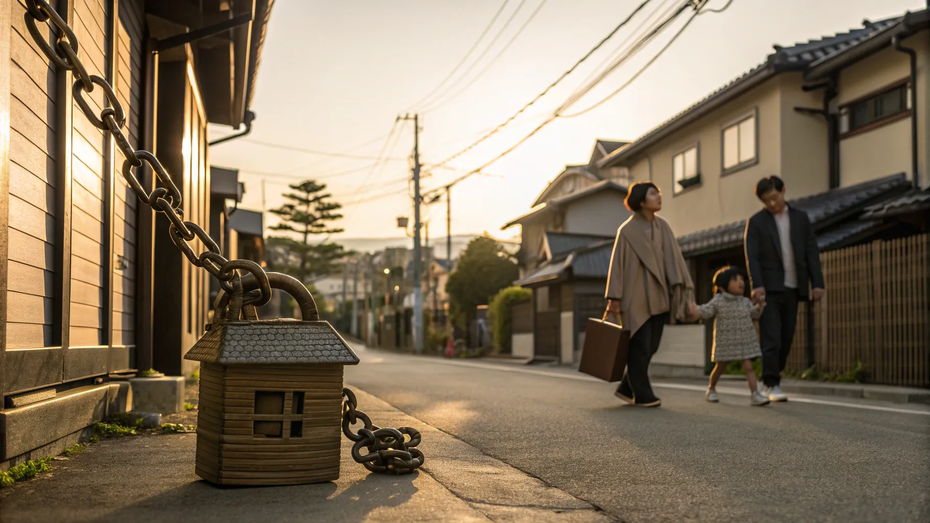 夕暮れの小さな町で、30代の家族が重い鎖で包まれた住宅模型（長期ローンの象徴）と、親から手渡される小さな木の家と鍵（贈与型の選択肢）を対照的に見つめる情景