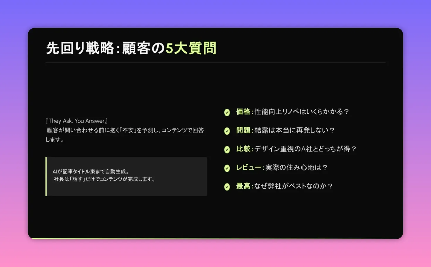 スライド: 顧客の5大質問と「AIが記事タイトル案まで自動生成。社長は話すだけでコンテンツが完成します。」の説明が見える画面