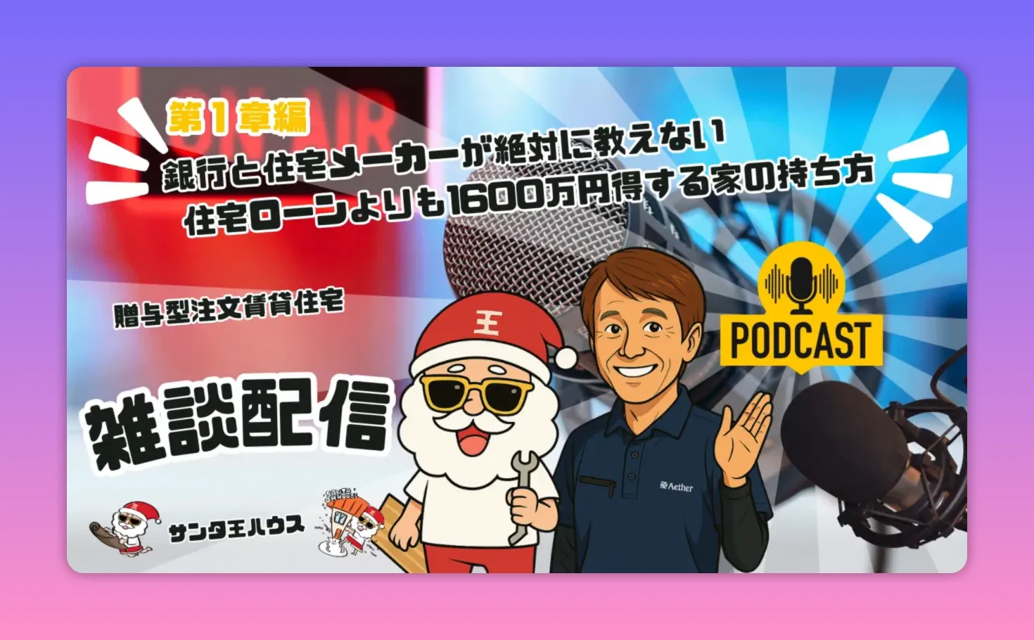 ポッドキャストのサムネイル：マイク、PODCASTロゴ、サンタとホストのイラスト