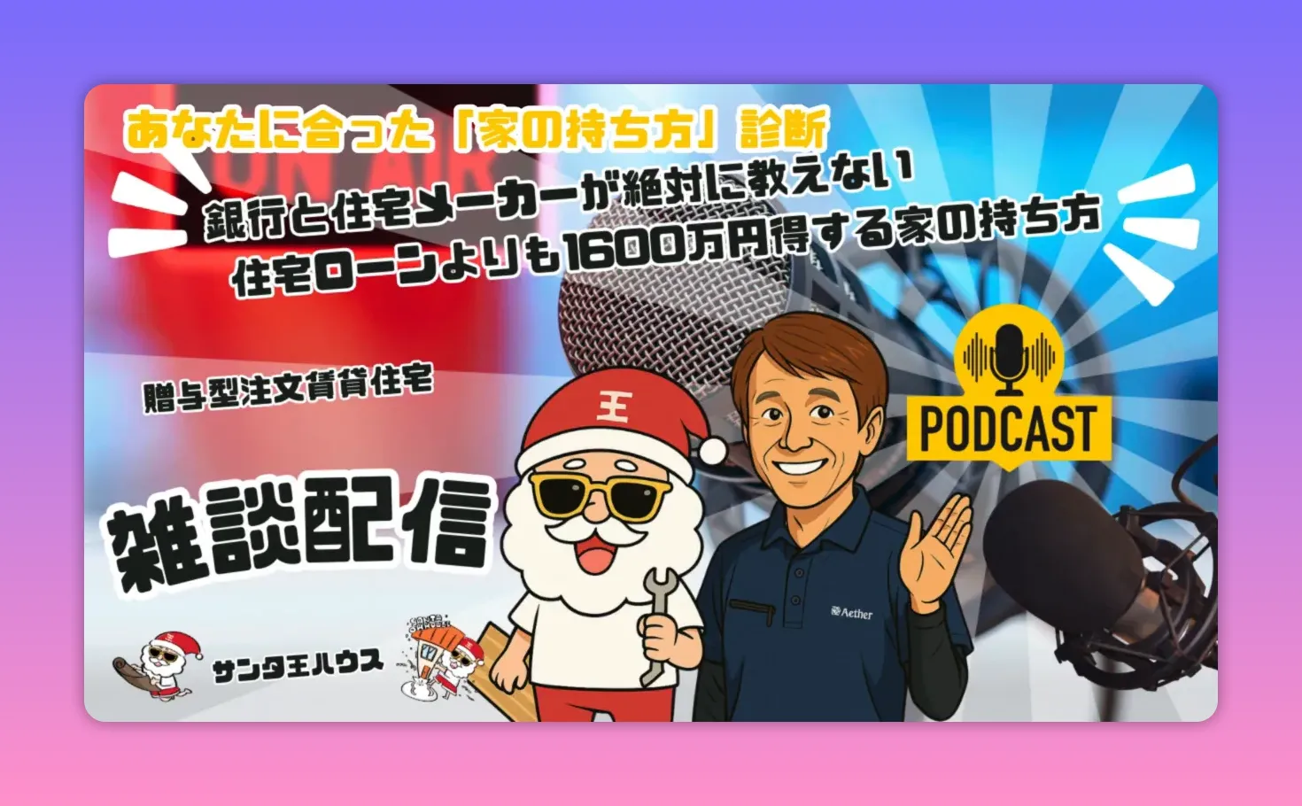 見やすいポッドキャストサムネイル：サンタのキャラクターとホスト、背景に大きなマイクと「PODCAST」ロゴ
