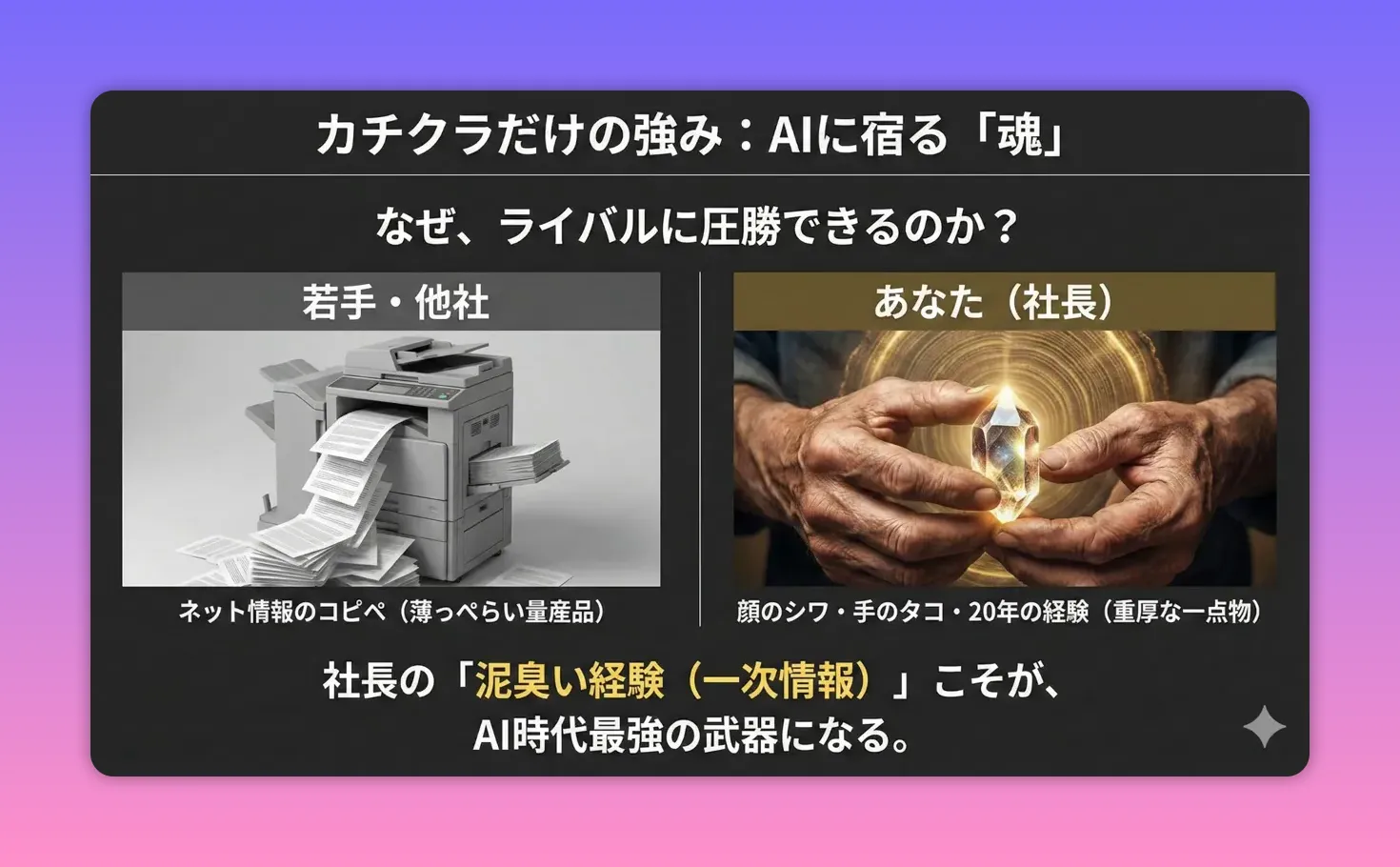 コピー機から大量の紙が溢れるイメージと、社長の手で大切な結晶を持つ写真を並べた対比スライド