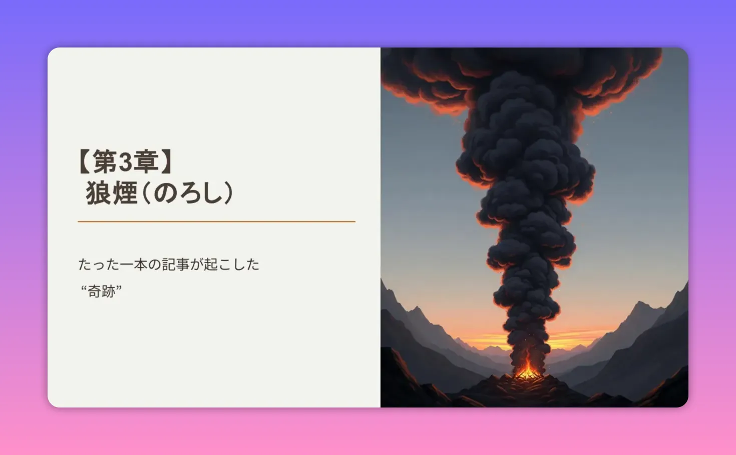 スライド：第3章 狼煙の縦に伸びる黒煙と焚き火のイラスト。拡散・合図を象徴する力強い構図
