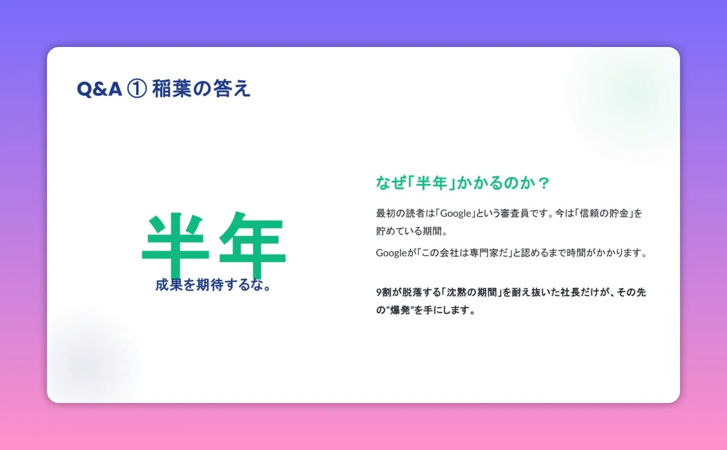 プレゼン資料のスライド：「半年」と大きく表示され、右側に『なぜ「半年」がかかるのか？』の説明文