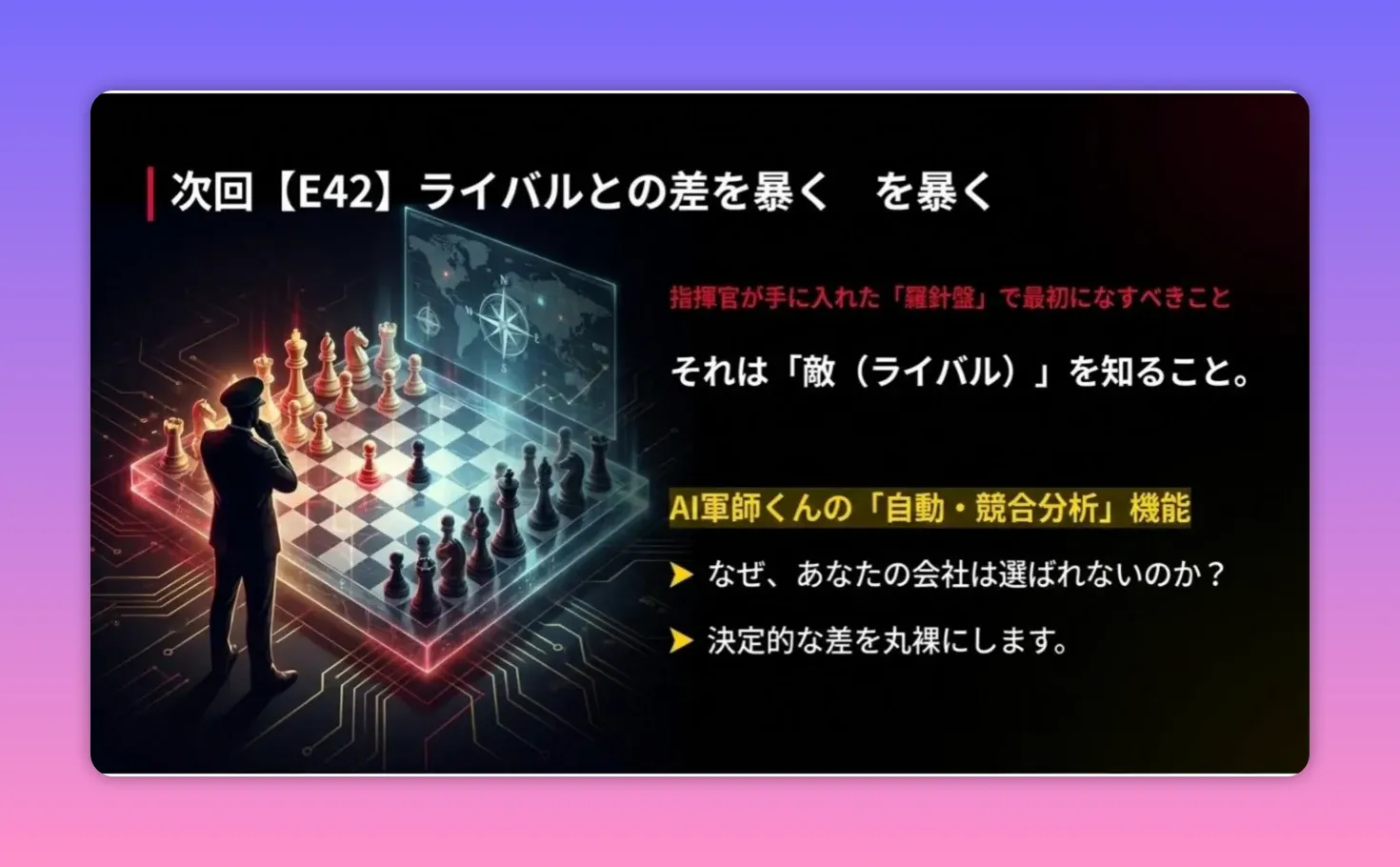 チェス盤を前に構える人物と「なぜ、あなたの会社は選ばれないのか？」等の日本語説明が表示されたAI競合分析のスライド。