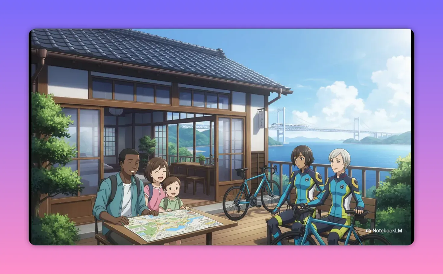 海沿いの古民家テラスで地図を見る家族と自転車に乗るサイクリスト、背後に大きな橋