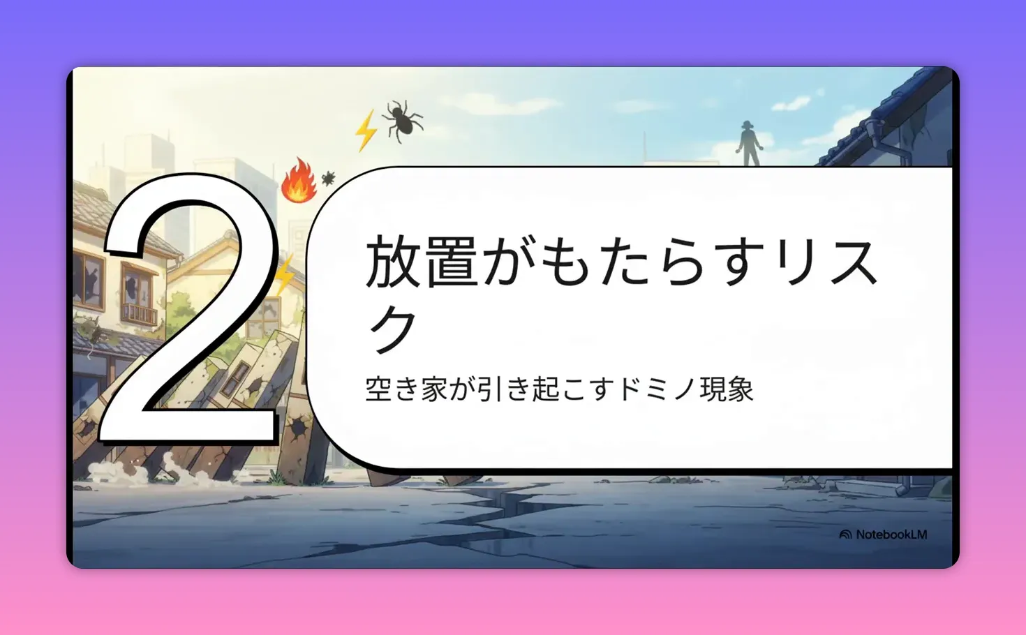 「放置がもたらすリスク 空き家が引き起こすドミノ現象」と書かれた見出しスライド