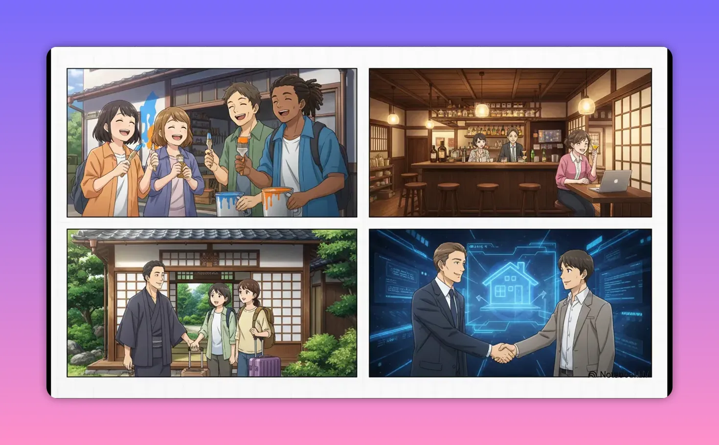 古民家を改装したバーカウンターとテーブル席のイラスト。落ち着いた照明の下で人々が交流している様子