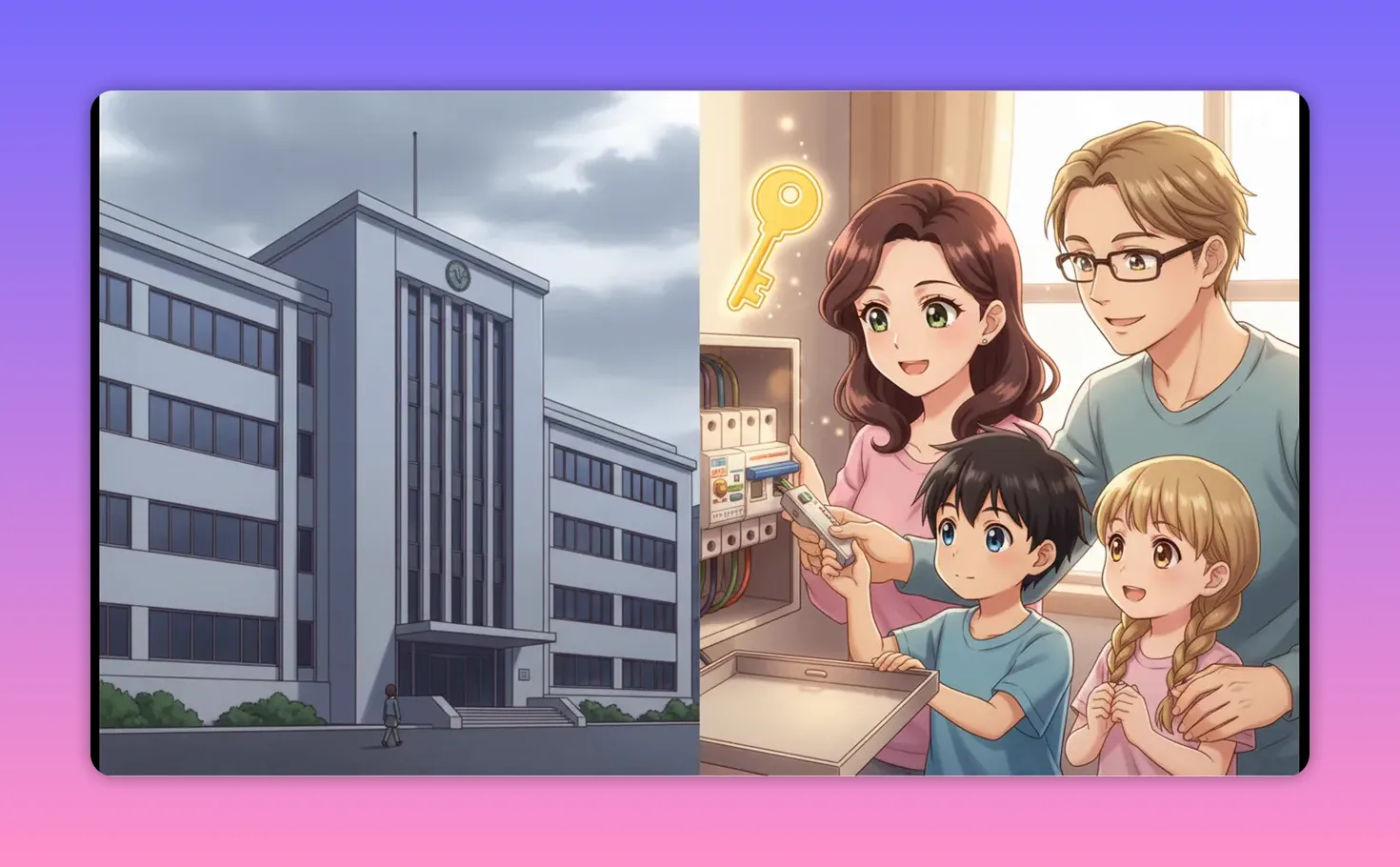 分電盤を確認する家族のイラスト（両親と子どもが分電盤を見ている様子）