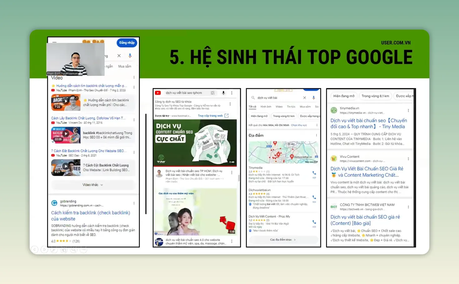 Slide hệ sinh thái top Google gồm bản đồ video website và kết quả tìm kiếm