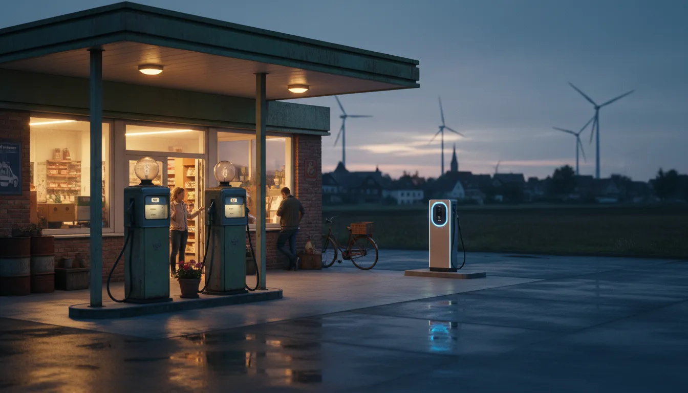 Familiengeführte Tankstelle bei Dämmerung mit klassischen Zapfsäulen und einem Elektroauto an einer Ladesäule – symbolischer Übergang vom Verbrenner zum E‑Auto