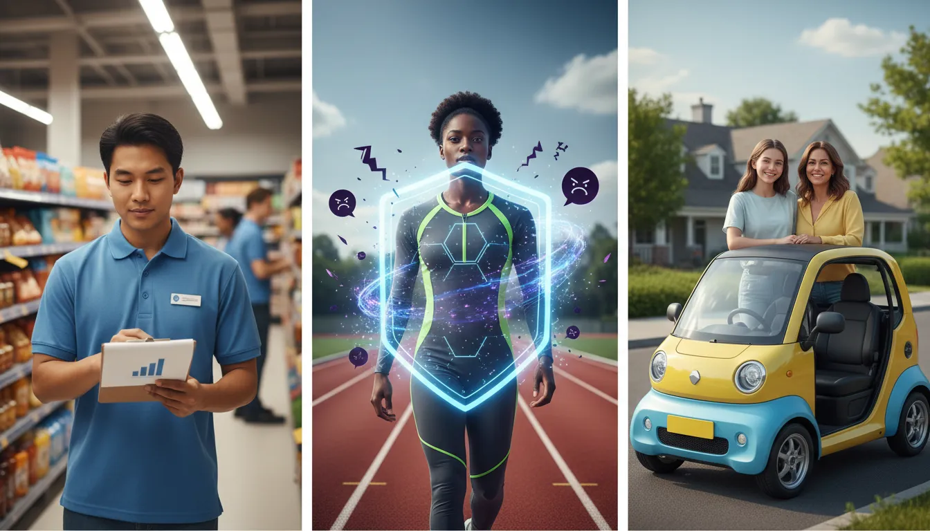 Dreiteilige Illustration: links Mitarbeiter liest anonymen Infobrief zur Senkung von Krankmeldungen, Mitte Athletin von leuchtendem KI‑Schild gegen Online‑Hass geschützt, rechts Jugendliche mit kleinem Mopedauto