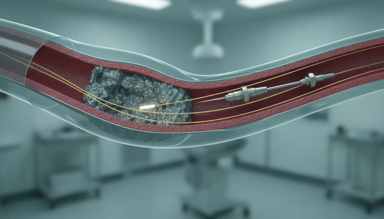 Cutaway medical illustration of a coronary artery showing an antegrade guidewire in the subintimal space and a re-entry device creating a channel back into the true lumen