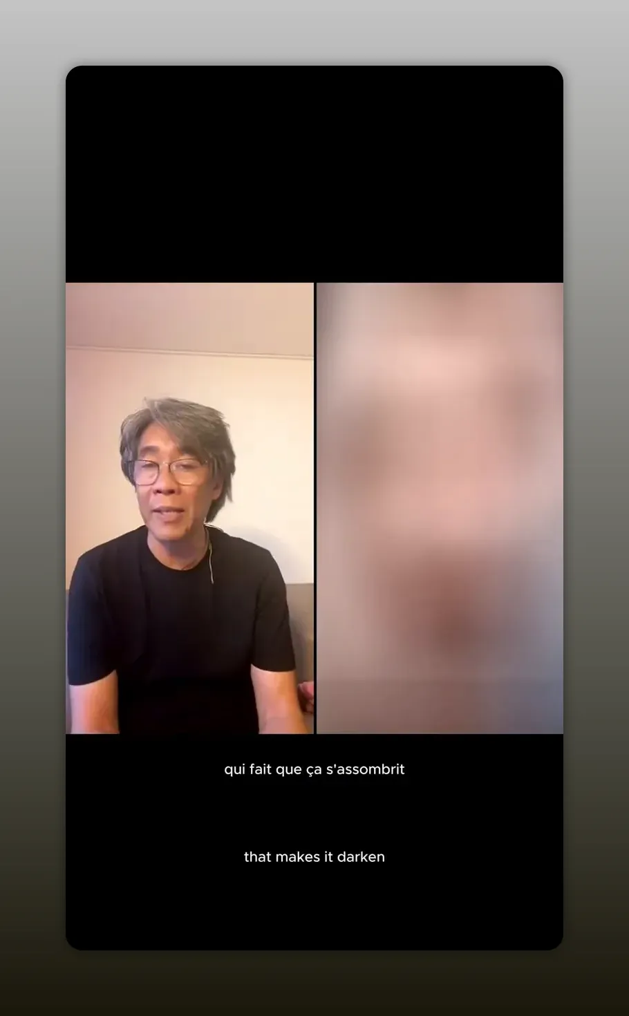 Plan de l'intervenant en split‑screen avec le sous‑titre 'qui fait que ça s'assombrit', illustrant l'effet des médicaments et du stress.