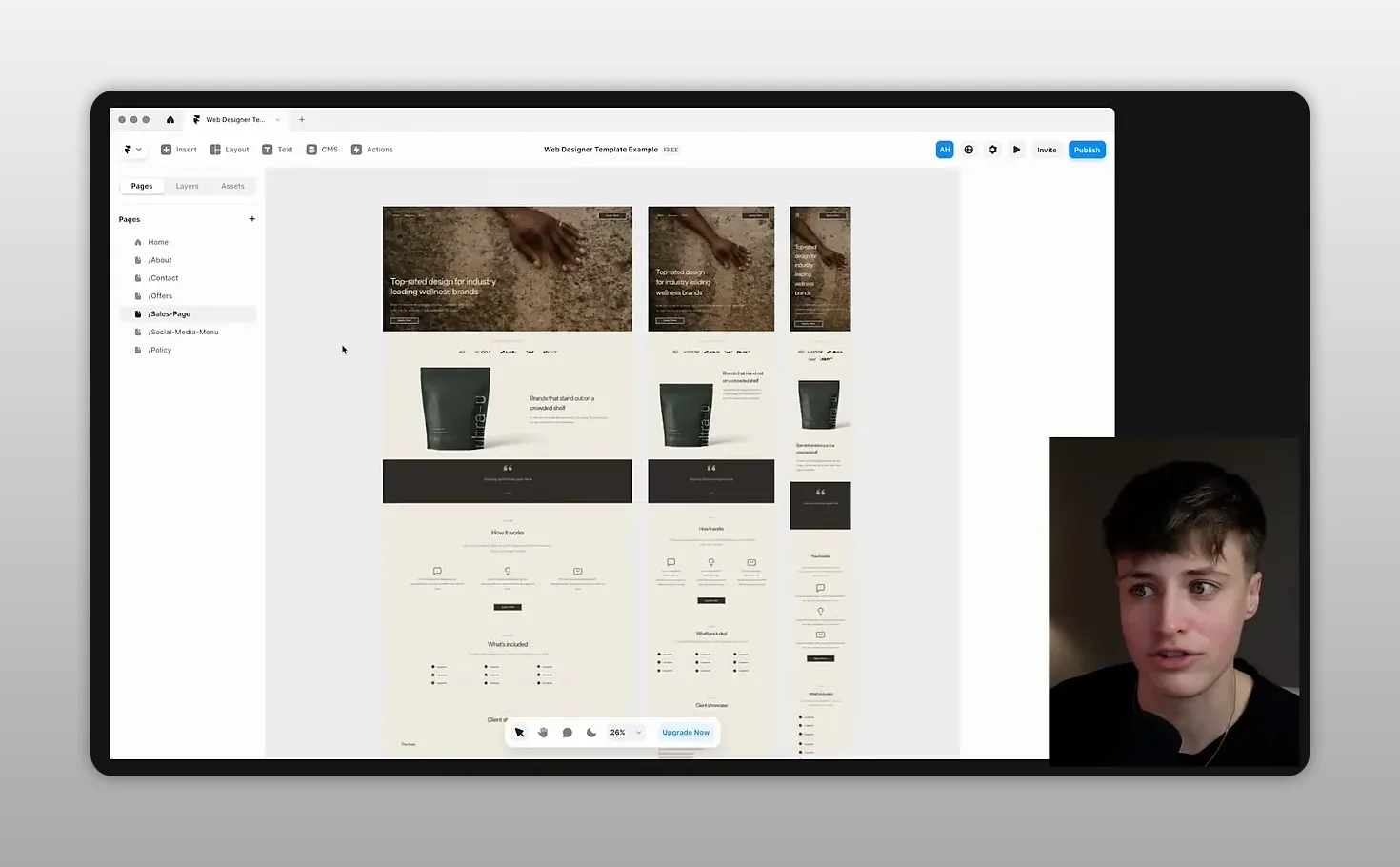 Giao diện Framer hiển thị bố cục website trên máy tính, máy tính bảng và điện thoại