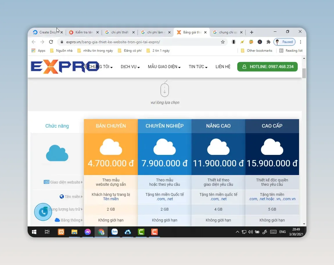 Bảng so sánh các gói thiết kế website với giá và tính năng khác nhau