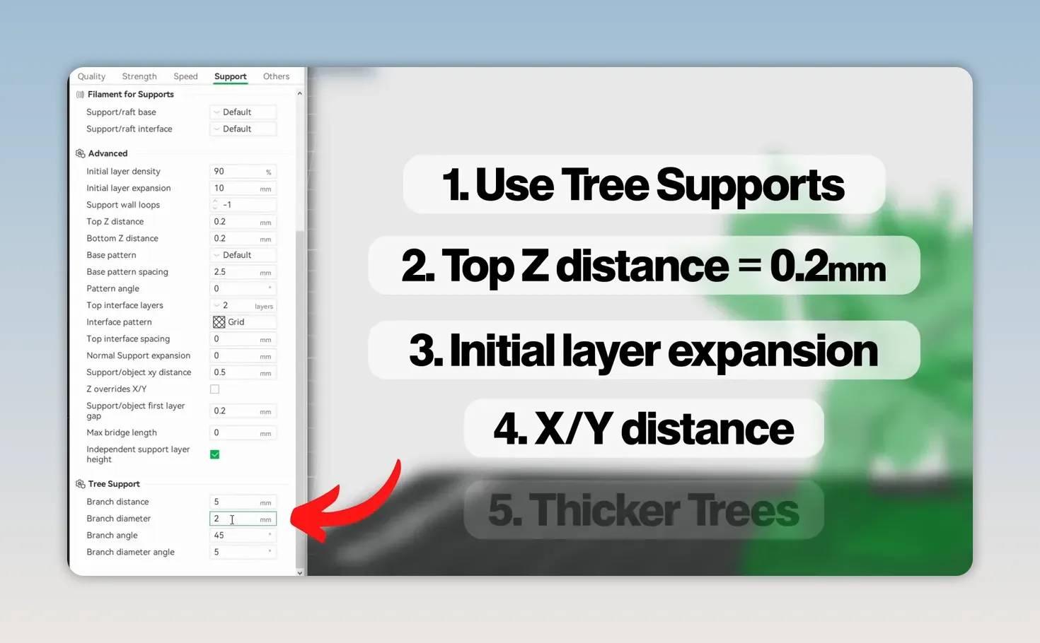 Liste de cinq réglages de supports avec supports arbre, distance Z supérieure, expansion de première couche, distance XY et arbres plus épais