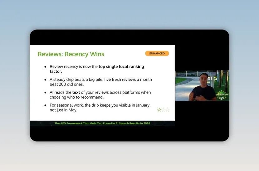 Presentation slide titled Reviews Recency Wins with review strategy bullets