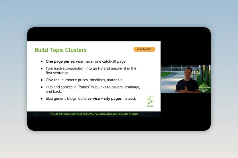 Presentation slide titled Build Topic Clusters with service page content recommendations