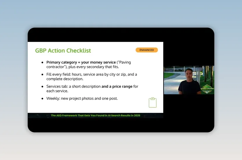 Presentation slide titled GBP Action Checklist with Google Business Profile recommendations