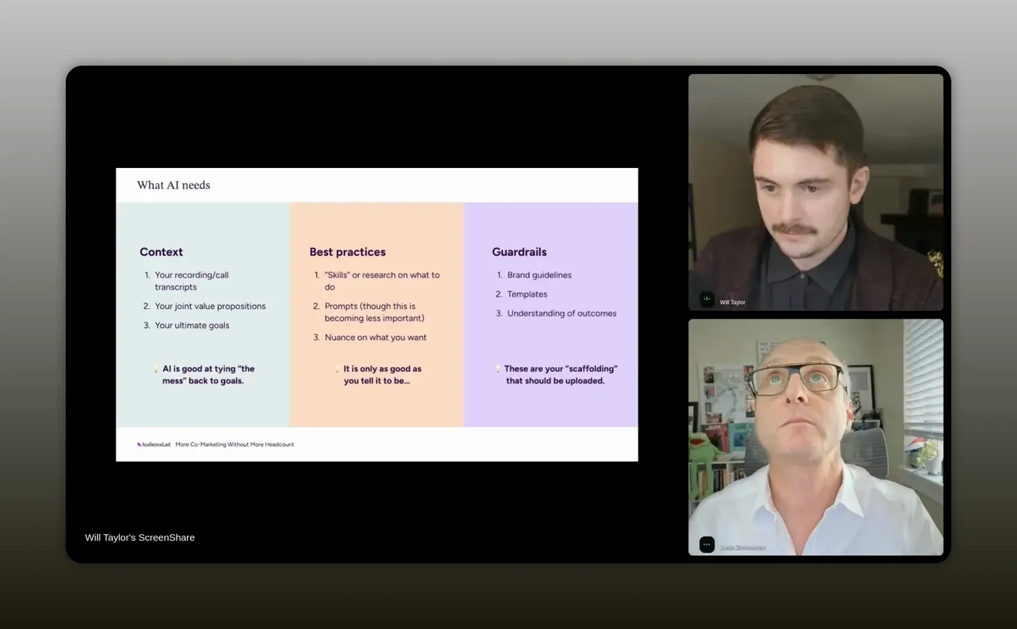 Slide showing what AI needs: context, best practices, and guardrails
