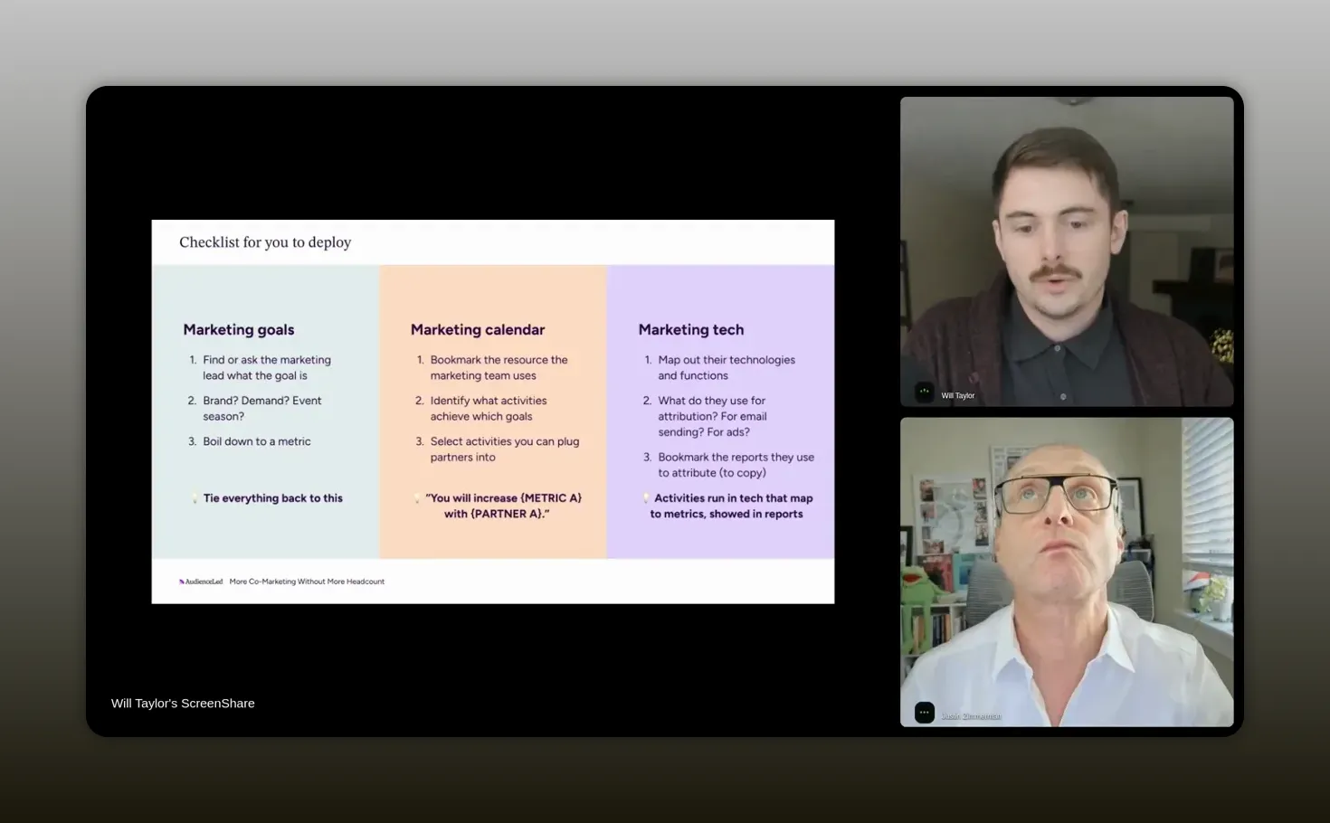 Deploy checklist showing marketing goals, marketing calendar, and marketing tech for measuring partner impact