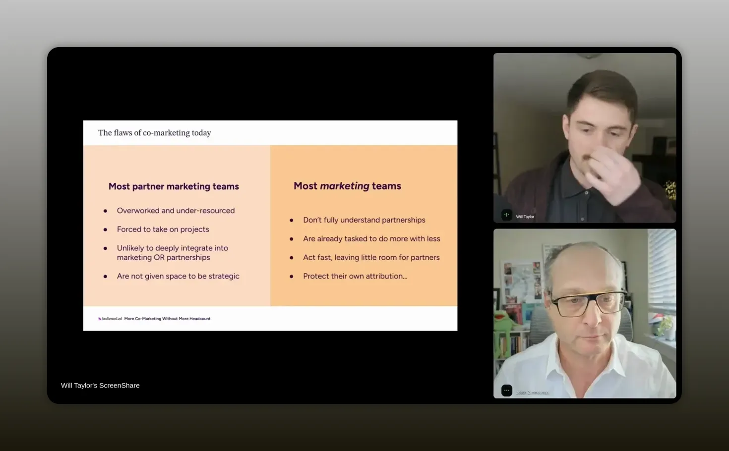 Slide titled “The flaws of co-marketing today” showing “Most partner marketing teams” are overworked and under-resourced, with examples like forced projects and limited strategic space