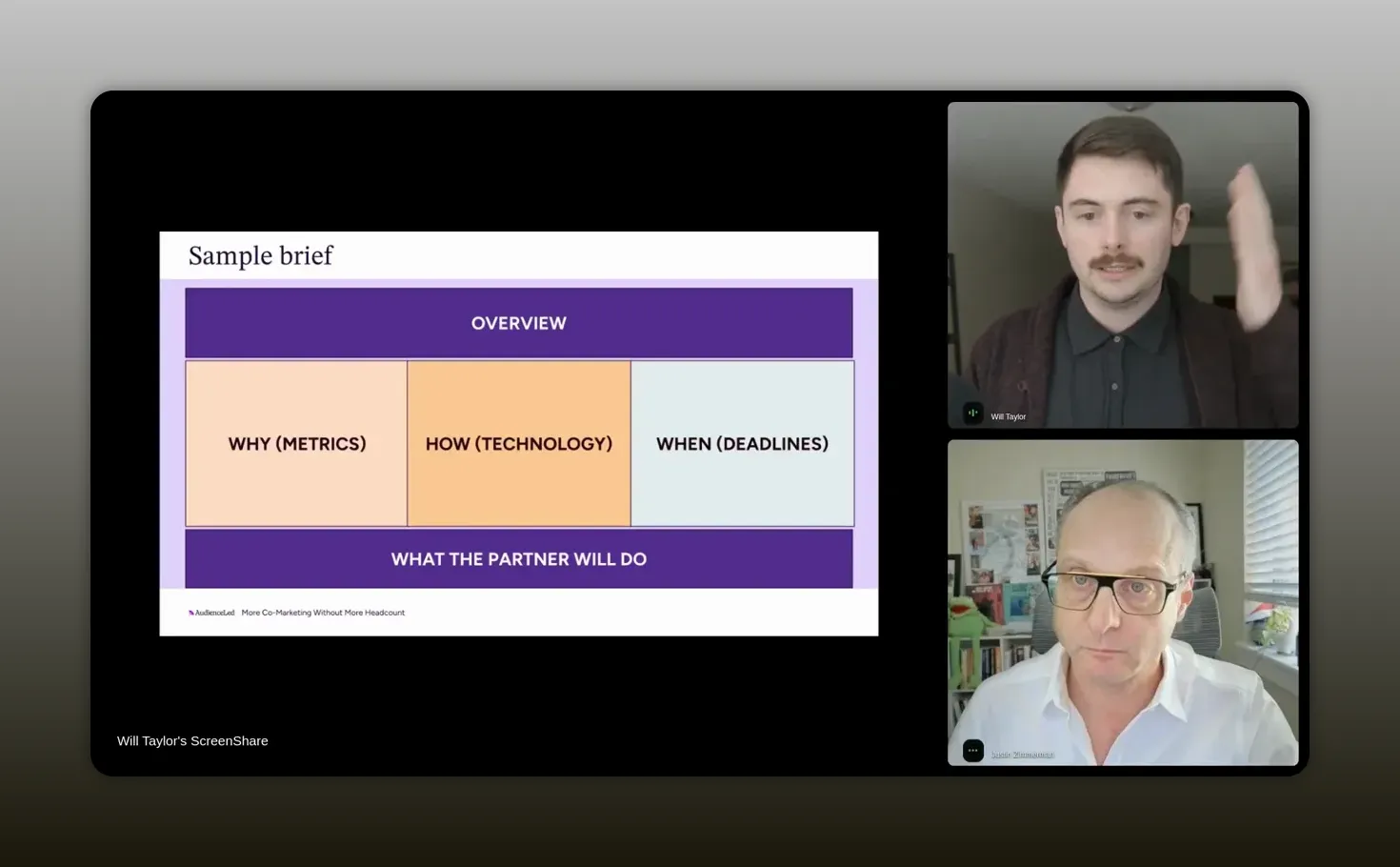 Screenshot of a sample brief slide with sections for why metrics, how technology, when deadlines, and what the partner will do