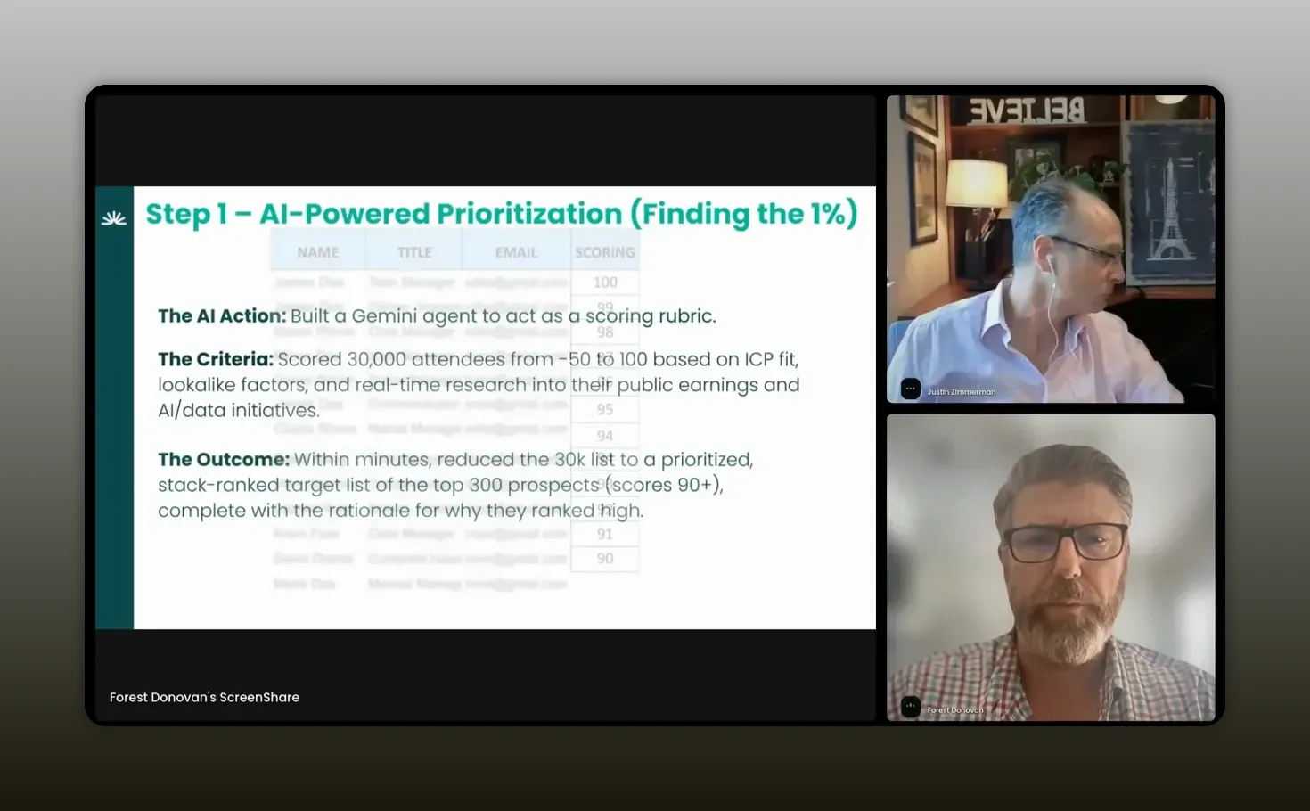 Slide titled step 1 with bullets about prioritizing attendees and selecting best fit accounts