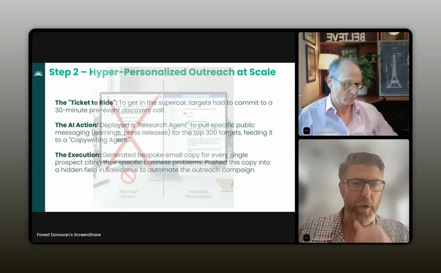 Slide showing step 2 with a process diagram for research and personalized outreach workflow