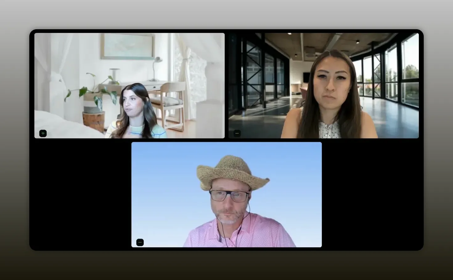 Three-person video call with Katie Landaal, Gwen Sioson, and Justin Zimmerman
