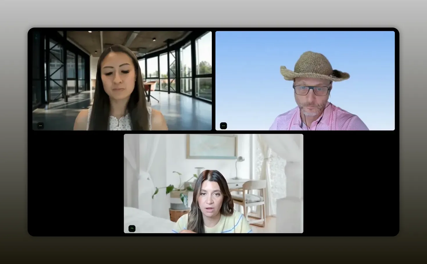 Three-person video call during discussion of research models and AI tools