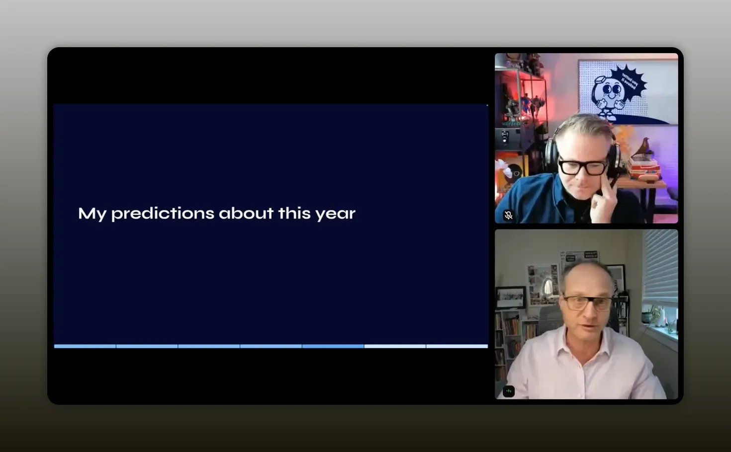 Screenshot from AI Playbook Kickoff showing the slide “My predictions about this year” with Justin Zimmerman on video call.