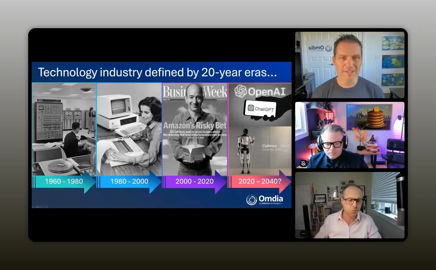 Slide showing technology industry eras from 1960–1980 through 2020–2040 with speakers in a webinar