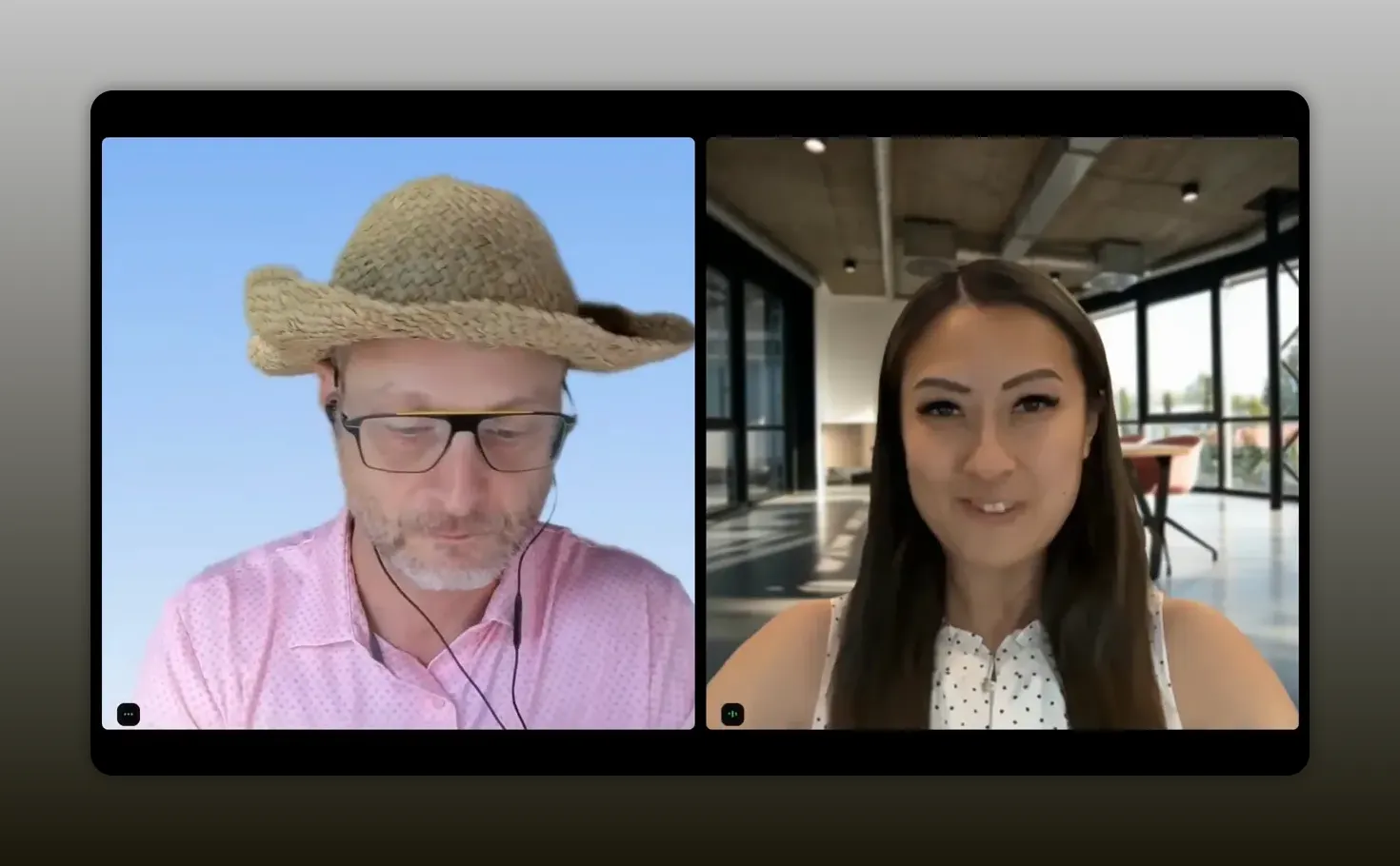 Two people speaking in a split-screen video call