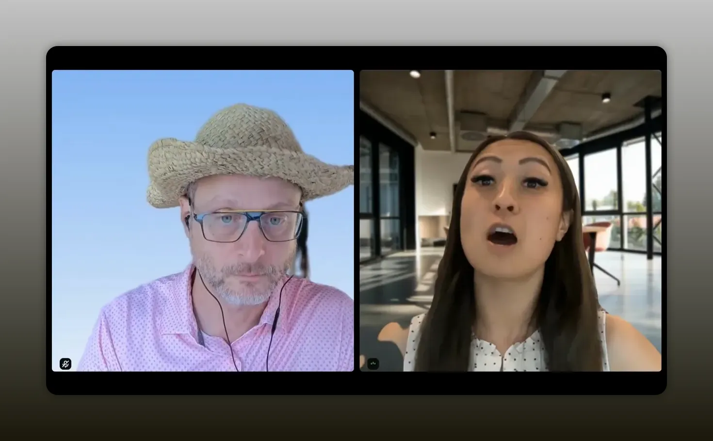 Two people speaking in a split-screen video call