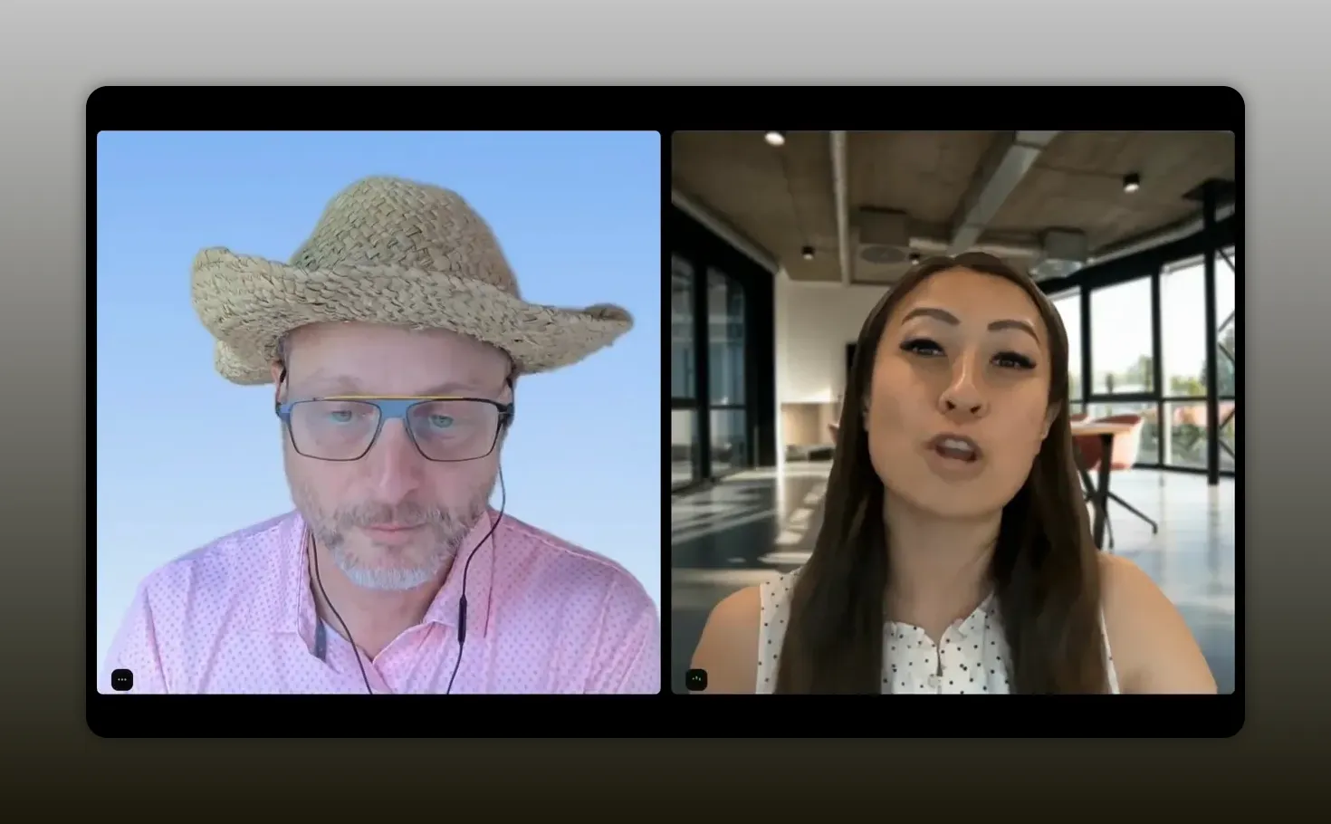 Two people speaking in a split-screen video call