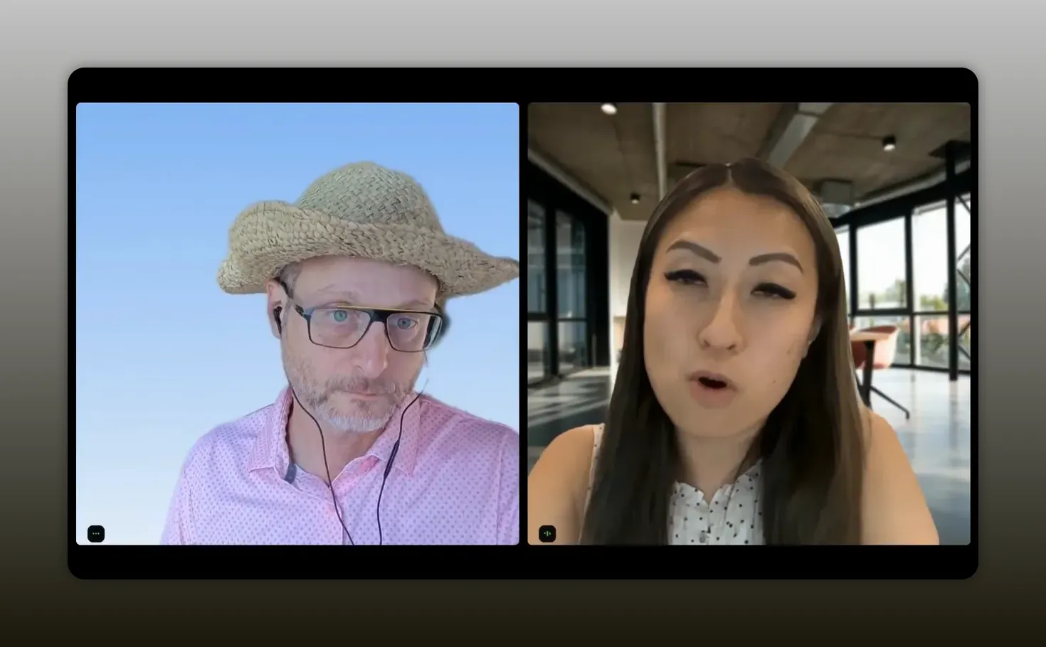 Two people speaking in a split-screen video call