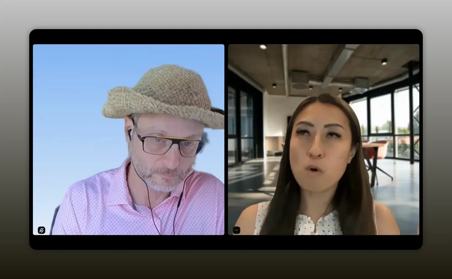 Two people speaking in a split-screen video call