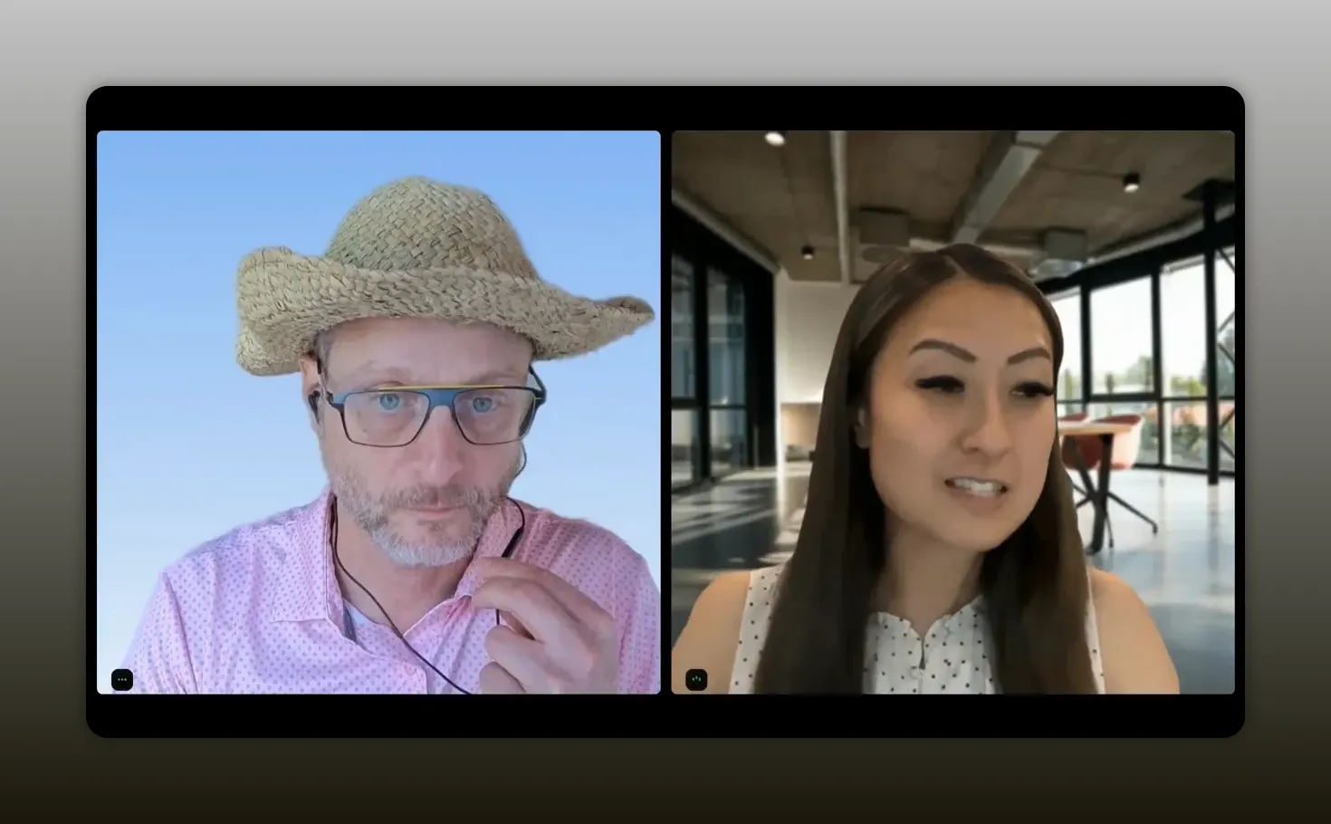 Two people speaking in a split-screen video call