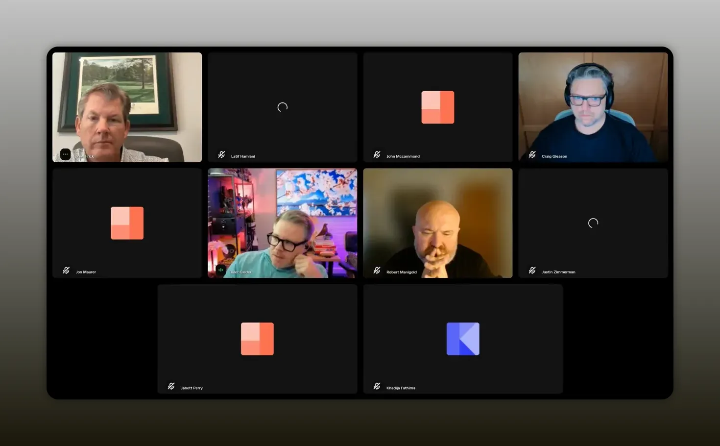 Video call grid showing several participant tiles and muted camera tiles