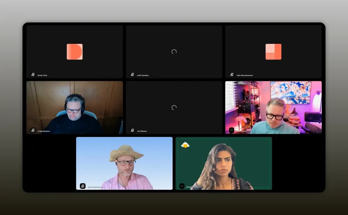 Video call grid with participants discussing partner communication and re-engagement