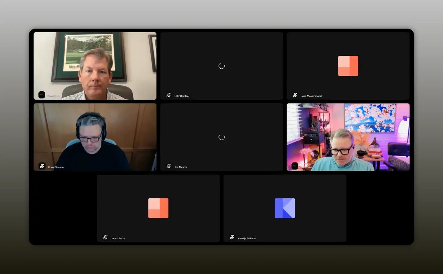 Video call grid with active speakers and several muted participant tiles