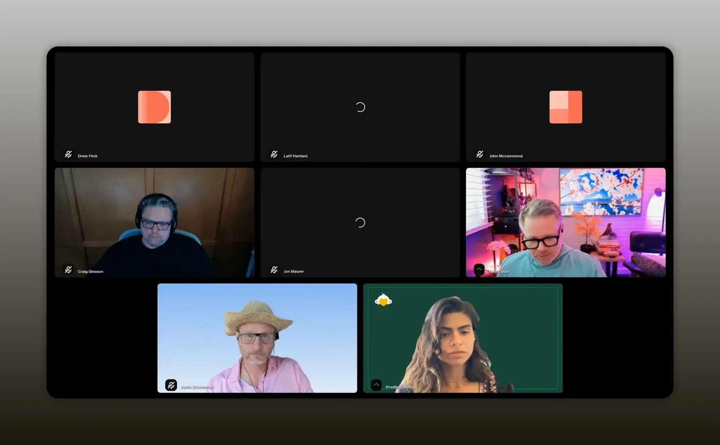 Video call grid showing participants during a discussion about partner performance