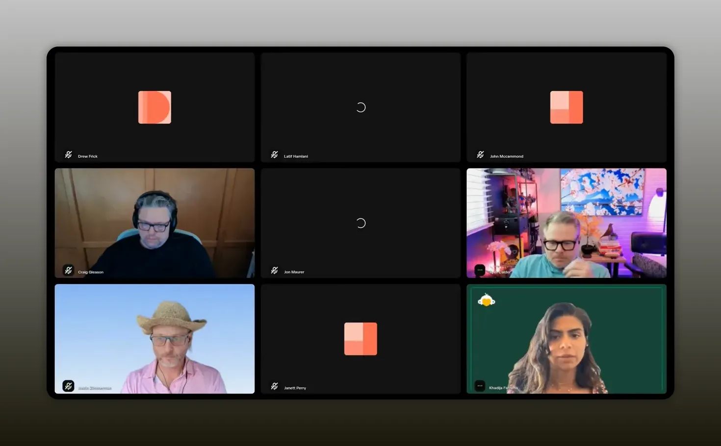 Video call grid with a woman speaking and other participants listening