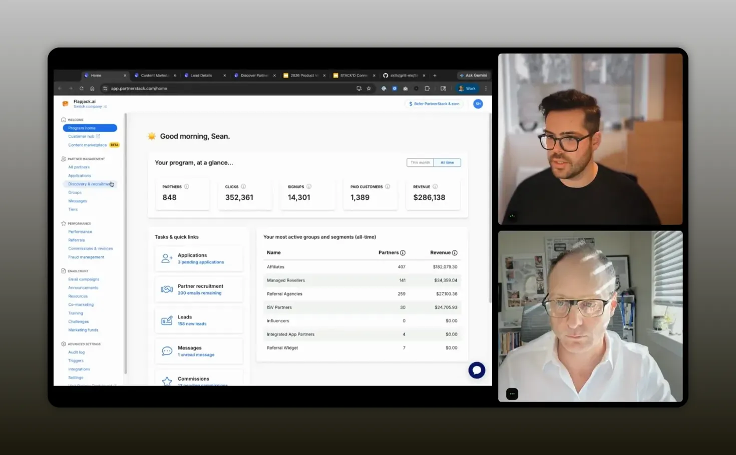 PartnerStack-style partner program dashboard showing program metrics, tasks, and segments
